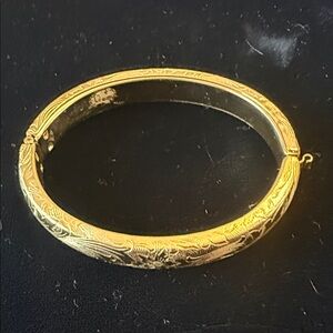 Classic Gold Floral Engraved Hinged Bangle Bracelet